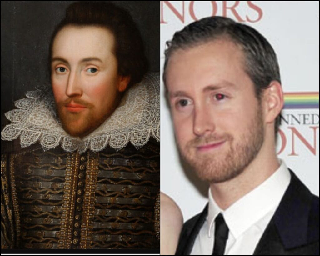 Side-by-side comparison of William Shakespeare and Adam Shulman highlighting facial resemblance."